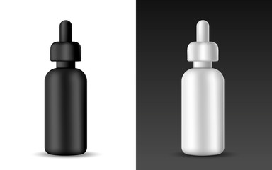 Set of white and Black realistic blank plastic serum bottle for cosmetic fluids Vector isolated object on a white background. Mock up for banner, card, brochure. Product packaging illustration.