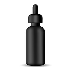 Black realistic empty serum bottle for cosmetic fluids Vector isolated object on a white background. Mock up for banner, card, brochure and booklet. Product packaging illustration.