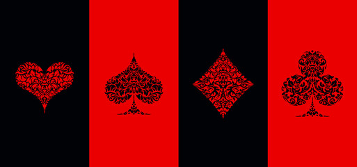 Set 4 Playing card suits icons decoration pattern diamonds, clovers, hearts, spades template on black and red background. Vintage Playing card suit ornament symbol pictogram for play casino poker game