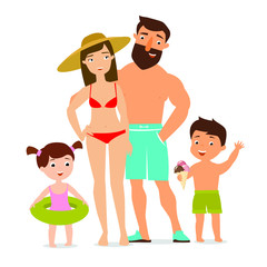 Happy family on summer holiday. The family goes to the beach. Parents and children cartoon characters. Vector illustration