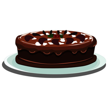 Large Chocolate Cake with Cherries - Cartoon Vector Image