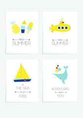 Vector set of posters "hello summer". Summer illustrations. Postcards.
