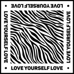 Design for a square shawl or headscarf. Zebra print with slogan Love yourself on white background.