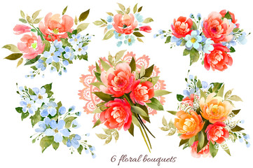 A set of bouquets of peonies, rose hips, apple trees, lace ribbon. Watercolor illustration, handmade