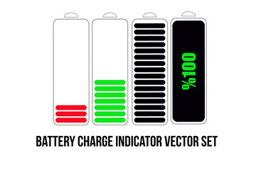 Battery charge indicator vector set. On white floor. Charge level