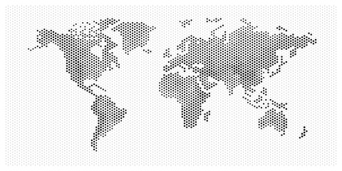 Obraz premium flat pixel dots world map with Atlantic Ocean in the design of points dots of hexagons. Planet Earth background Dotted banner. All the continents of the world in one picture of hexagons pixel Dotted.