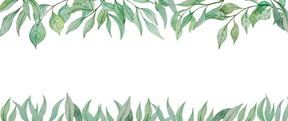 Long banner with hand drawn watercolor green leaves