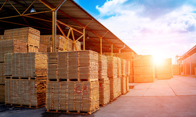 Warehouse interior, pallets with goods. Open-air. Transportation and logistic. © Vadim