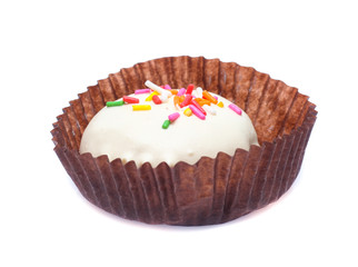 Donut with colorful sprinkles isolated on white background. Top view