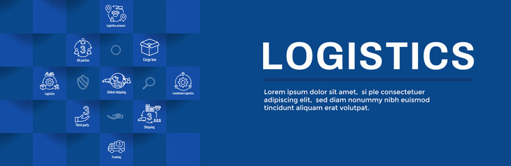 Logistics icon set and web header banner with buildings, trucking, people and shipping box
