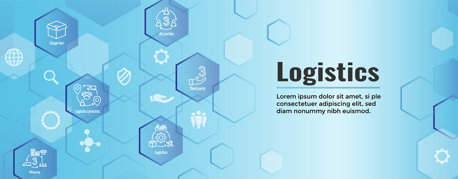 Logistics icon set and web header banner with buildings, trucking, people and shipping box