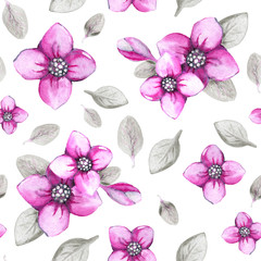 Fototapeta na wymiar Seamless pattern with hydrangea flowers on a white background. Hand watercolor illustration. Design for fabric, background, wallpaper, packaging, wrappers, covers, invitations, greetings.