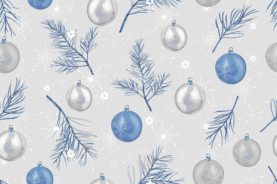 Seamless pattern with Christmas tree branches, snowflakes and silver blue balls on gray background. For festive season design, textile, print, wallpapers, greeting cards, invitation, posters. Vector.