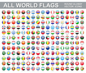 All world flags - vector set of round glossy icons. Flags of all countries and continents