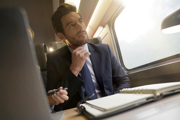 businessman working on a train in business class