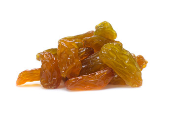 Organic gold dried Raisins isolated on white background