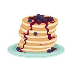 A stack of fried pancake with blueberry and blueberry jam. Delicious breakfast. Cartoon vector illustration.