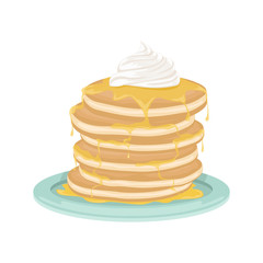 A stack of fried pancakes with honey and whipped cream. Delicious breakfast. Cartoon vector illustration.
