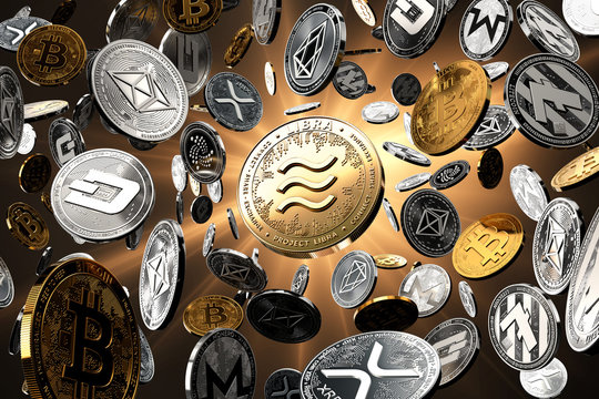 Flying altcoins with Libra concept coin in the center as probably new the most popular cryptocurrency. Golden starburst background - 3D rendering