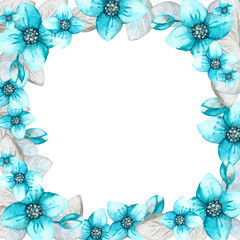 Frame with hydrangea flowers on a white background. Hand watercolor illustration. Design for fabric, background, wallpaper, packaging, wrappers, covers, invitations, greetings.