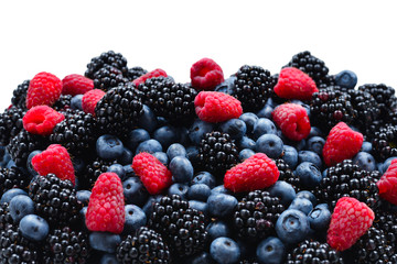 Blackberry, raspberry, blueberry background.  Top view.