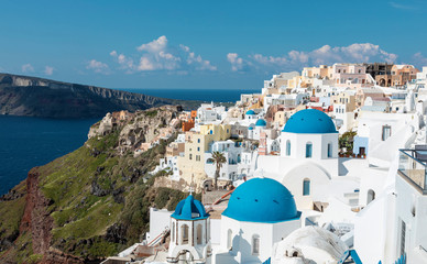 iconic and famous Santorini blue church domes in Oia