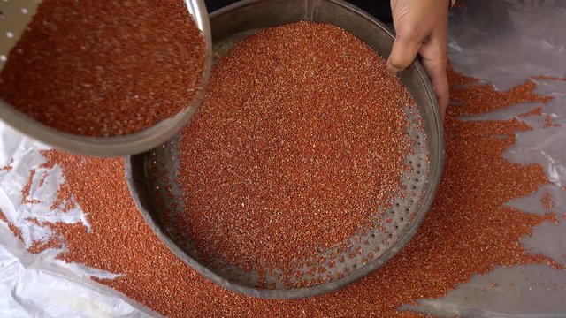 Wide angle POV shot of filtering ragi grains