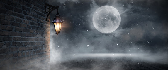 Dark street, a lantern on an old brick wall, a large moon, smoke, smog. Night scene of the old city, dark forest.
