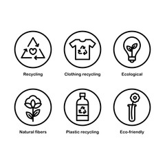 Set of 6 vector icons: recycling, clothing recycling, ecological, natural fibers, plastic recycling, eco-friendly 