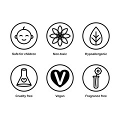 Set of 6 vector icons: safe for children, non-toxic, hypoallergenic, cruelty free, vegan, fragrance free