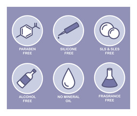 A set of 6 vector icons for cosmetics. Paraben, silicone, sls, sles, alcohol, mineral oil, fragrance. 