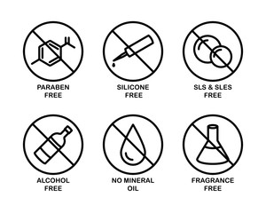 A set of 6 vector icons for cosmetics. Paraben, silicone, sls, sles, alcohol, mineral oil, fragrance. 
