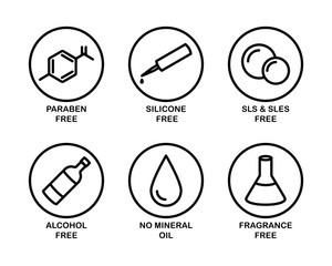 A set of 6 vector icons for cosmetics. Paraben, silicone, sls, sles, alcohol, mineral oil, fragrance. 