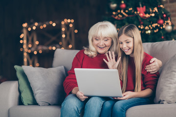 Portrait of nice attractive lovely glad cheerful cheery granny pre-teen grandchild using laptop making video calls waving hi hello festal atmosphere at decorated industrial loft style interior house