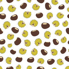 Chestnuts and chestnuts in shells on white background. Vector seamless pattern.