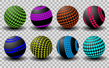 Black balls with a colored, geometric pattern on a transparent background, orange, green, pink. Vector illustration, eps 10