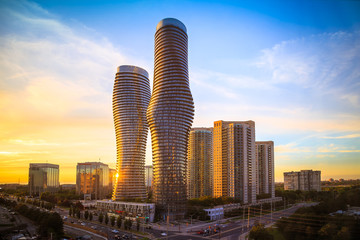 View of Mississauga city in Ontario Canada with modern buildings  