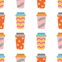 Coffee cups seamless pattern. Diverse cup design. Coffee to go
