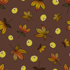Chestnut leaves and chestnuts on dark brown background. Vector seamless pattern.