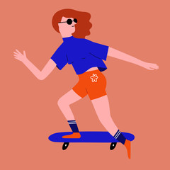 frau fährt skateboard und trägt eine sonnenbrille