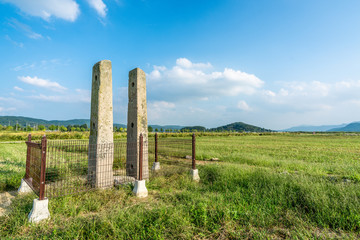 Ancient stone flagpole support at Hwangnyongsa temple site in Gyeongju South Korea