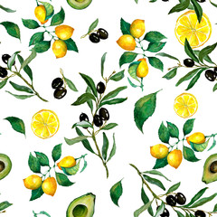 Watercolor seamless pattern of lemon, lemon slices, olives, olive branch  and avocado on a white background. Excellent design for packaging, wrapping paper textile, menu, card, banner and etc.