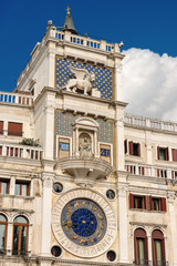 Venice, Clock and bell tower in Renaissance style in San Marco square with the statues called Mori di Venezia, UNESCO world heritage site, Veneto, Italy, Europe