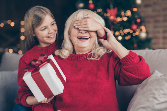 Close-up portrait of nice attractive sweet cheerful cheery grandchild closing granny's eyes giving gift surprise congratulation at decorated industrial loft style interior house