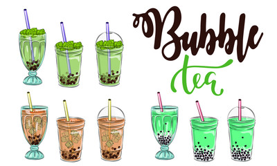 Bubble tea cup design collection, Yummy drinks, soft drinks with doodle style banner, Bubble milk tea ads with delicious tapioca and pearl, bubble tea menu graphic template