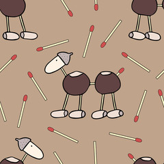 Chestnut camels and matches on cappuccino color background. Vector seamless pattern.