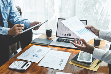 Business executive partner cooperation conference in investment ideas marketing planning and presentation finance project at meeting and strategy of business making to successful and growth profit