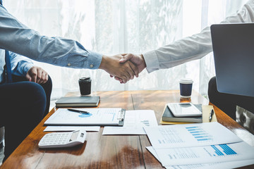 Businessman shaking hands after conversation, Finishing up a collaboration discussing of partner...