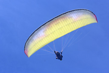 Tandem Paraglider flying wing in a blue sky