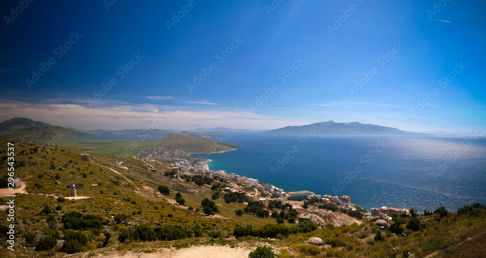 Wall mural landscape to the ionian sea from the top of lekuresi castle and military bunkers, saranda, albania